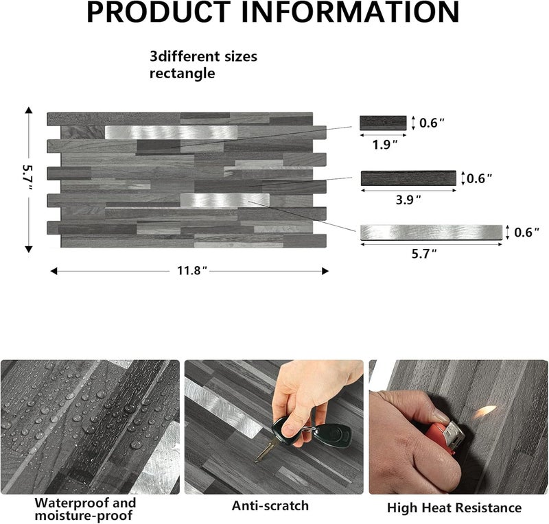 Midcard 20 Sheets Peel and Stick Backsplash, Black Grey Wood Look PVC Mixed Metal Stick on Backsplash Tiles for Kitchen - Image 3